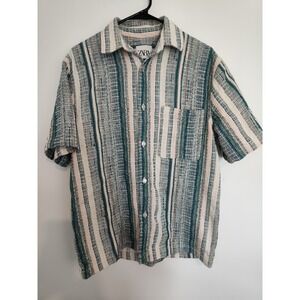 Zara Mens Textured Striped Short Sleeve Button Down Shirt Teal Cream Small S